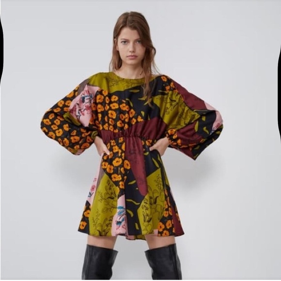 Zara Floral Patchwork Long Sleeve Dress - Picture 1 of 9